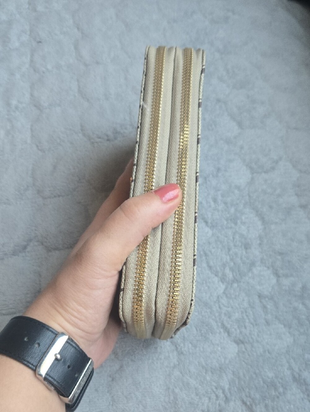 Beige Patterned Zip-Around Wallet with Gold Bee Accent - Picture 3 of 5